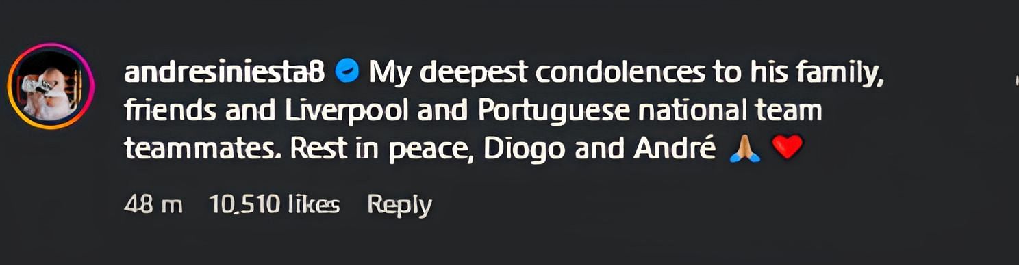 Andres Iniesta's comment on Liverpool's post about Diogo Jota's passing (Instagram/@liverpoolfc)